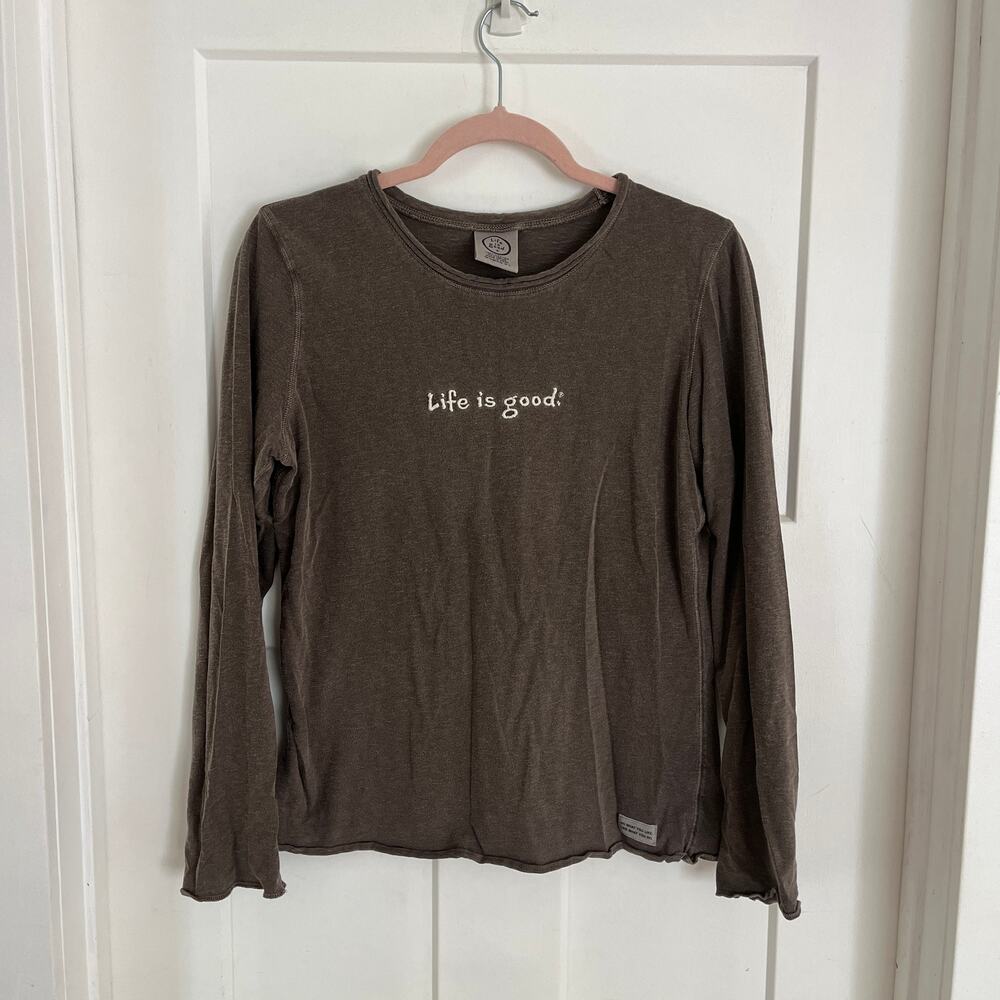 Life is Good Slub Long Sleeve Tee Embroidered LIG Brown Raw Hem Women's L